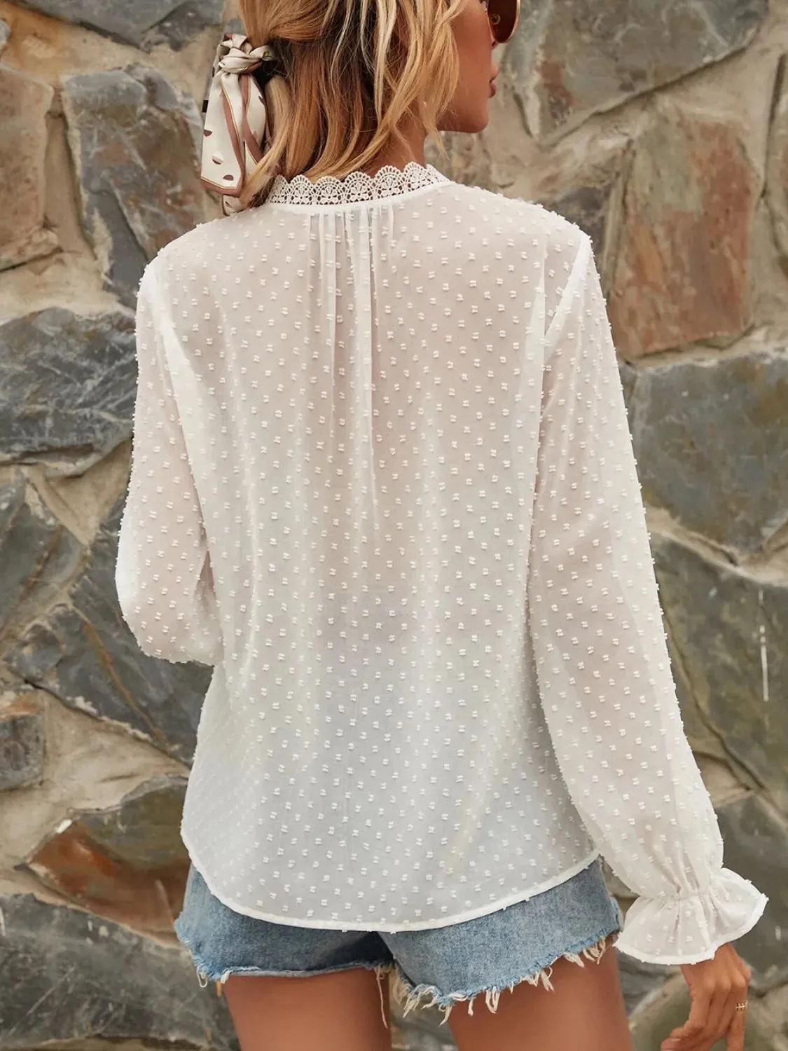 Lace Detail V-Neck Swiss Dot Blouse sold by Charming Charlie product image thumbnail 4