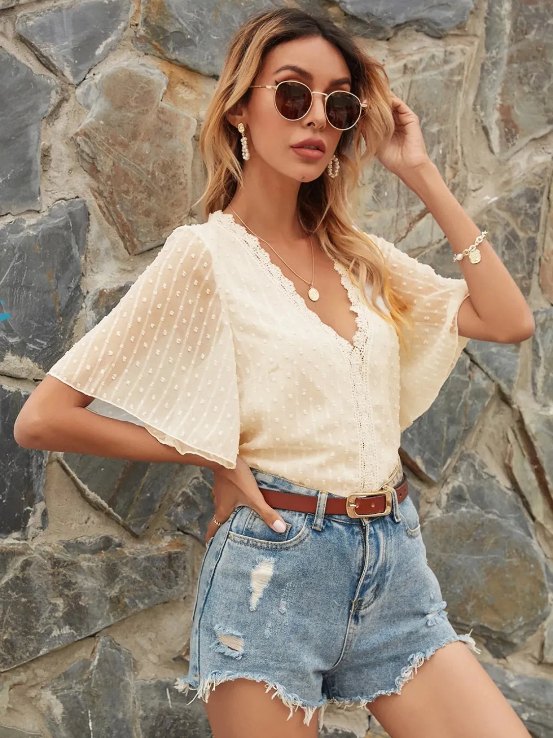 Lace Detail V-Neck Siwss Dot Blouse sold by Charming Charlie product image thumbnail 2