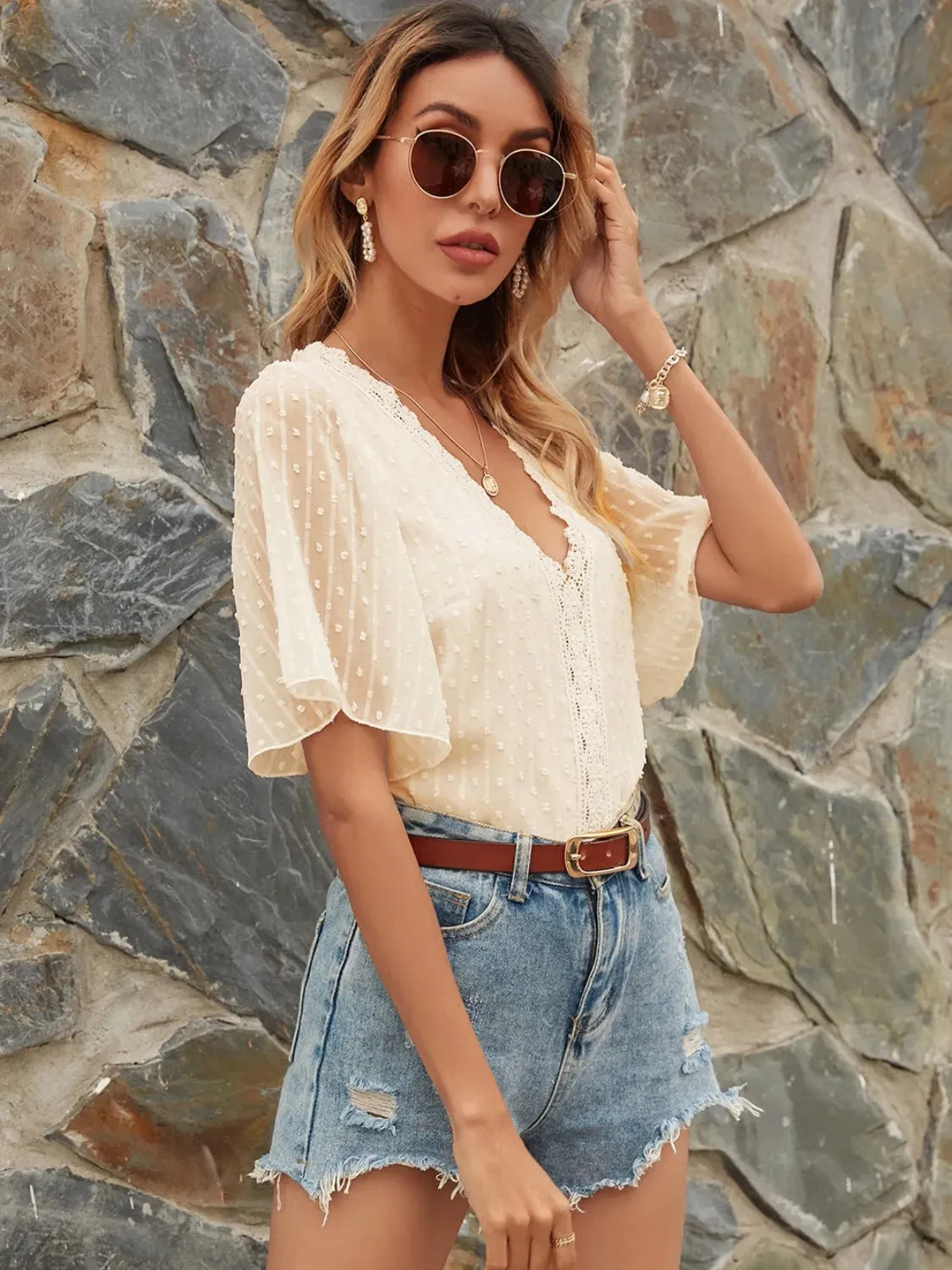 Lace Detail V-Neck Siwss Dot Blouse sold by Charming Charlie product image thumbnail 4