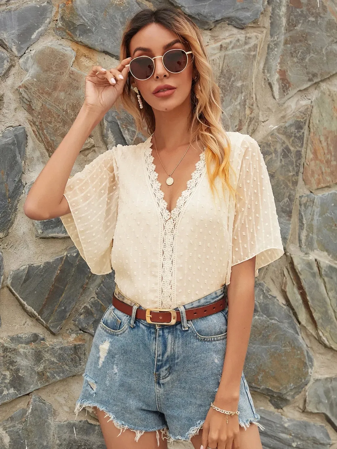 Lace Detail V-Neck Siwss Dot Blouse sold by Charming Charlie product image thumbnail 3