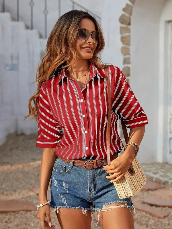 Striped Collared Neck Half Sleeve Shirt sold by Charming Charlie