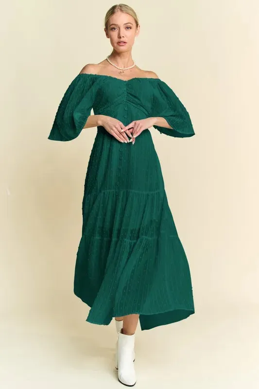 Davi & Dani Swiss Dotted Ruched Ruffle Open Back Midi Dress sold by Charming Charlie