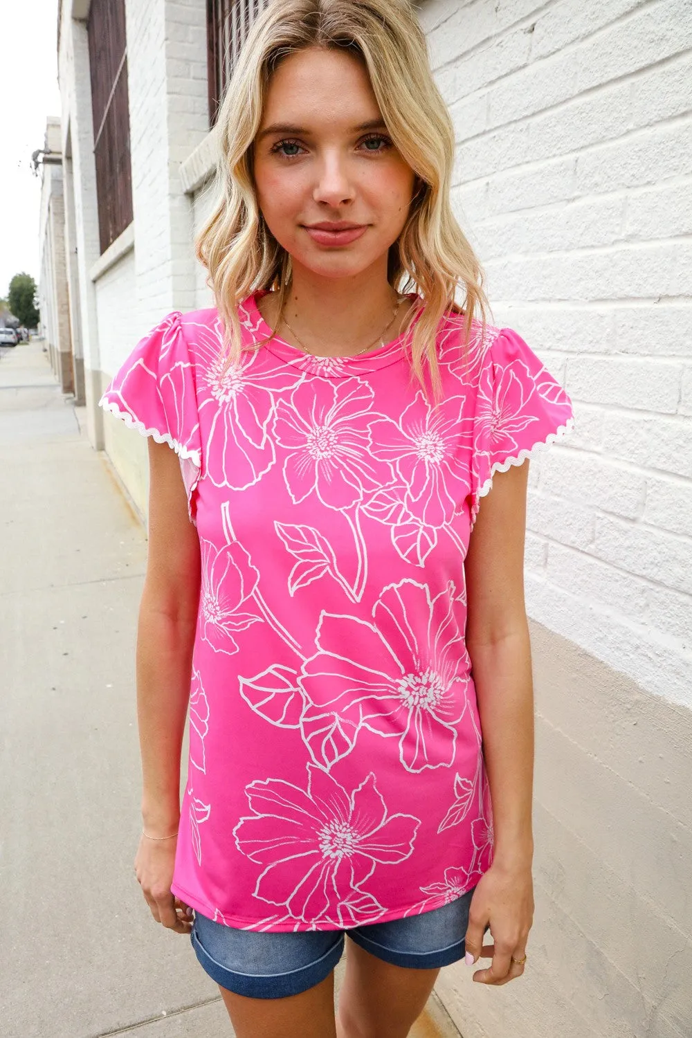 Adorable In Pink Big Floral Print Flutter Sleeve Knit Top sold by Charming Charlie