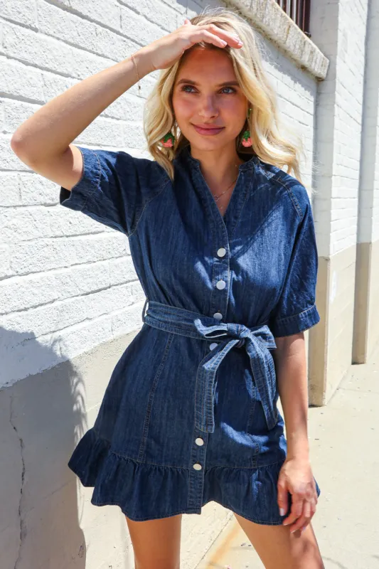 Put Together In Cotton Denim Button Down Belted Ruffle Mini Dress sold by Charming Charlie