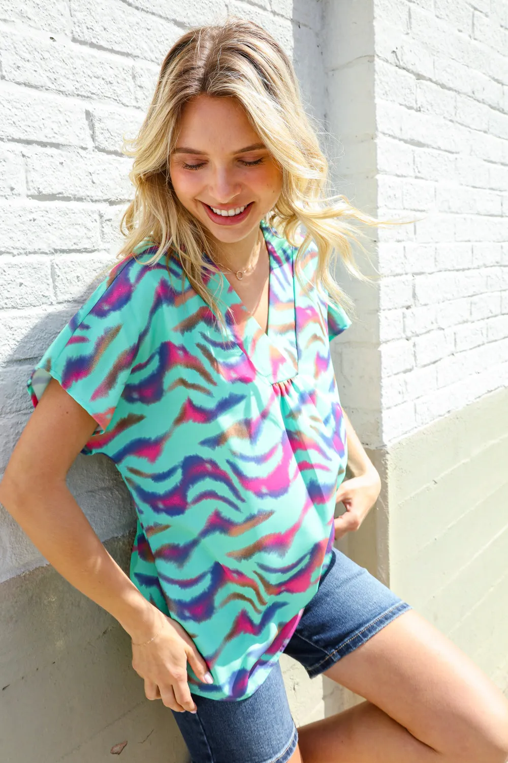Hello Beautiful Mint Wavy Animal Print Banded V Neck Top sold by Charming Charlie product image thumbnail 4
