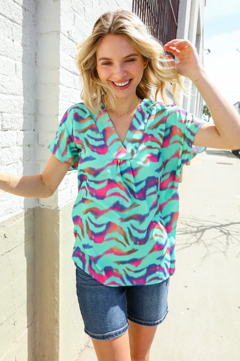 Hello Beautiful Mint Wavy Animal Print Banded V Neck Top sold by Charming Charlie product image thumbnail 3