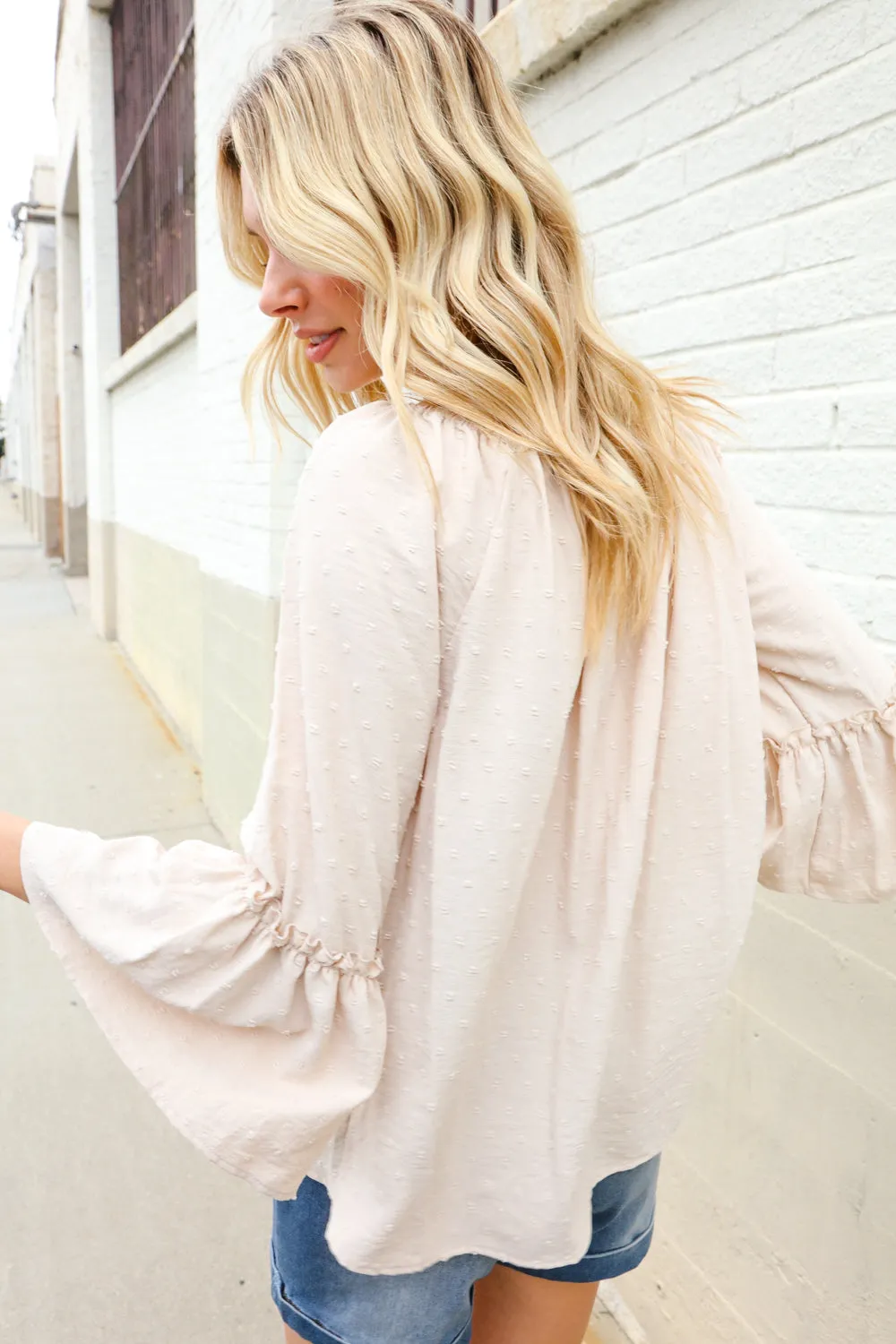 Boho Beautiful Beige Elastic Neck 3/4 Ruffle Sleeve Peasant Top sold by Charming Charlie product image thumbnail 2