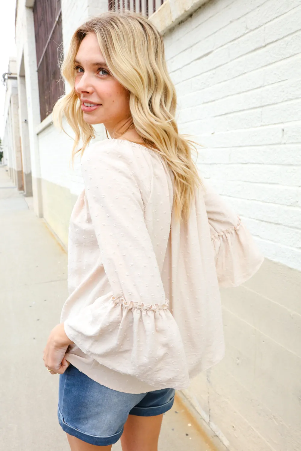 Boho Beautiful Beige Elastic Neck 3/4 Ruffle Sleeve Peasant Top sold by Charming Charlie product image thumbnail 4