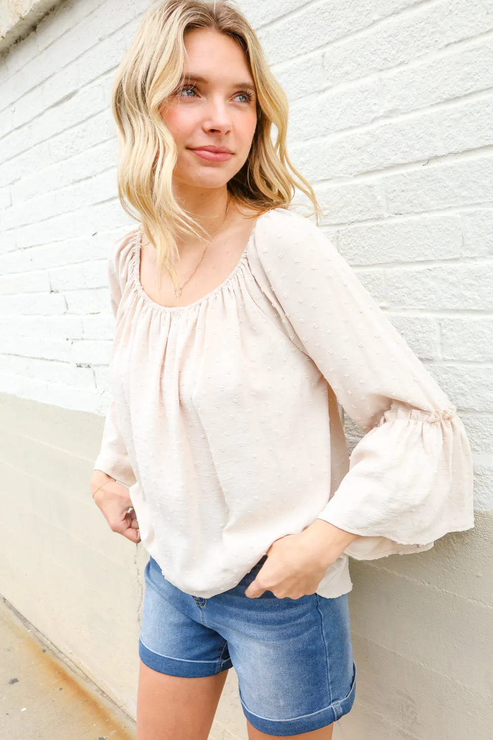 Boho Beautiful Beige Elastic Neck 3/4 Ruffle Sleeve Peasant Top sold by Charming Charlie product image thumbnail 3