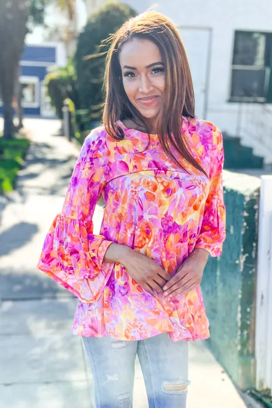 Gorgeous You Fuchsia Big Floral Bell Sleeve Knit Top sold by Charming Charlie
