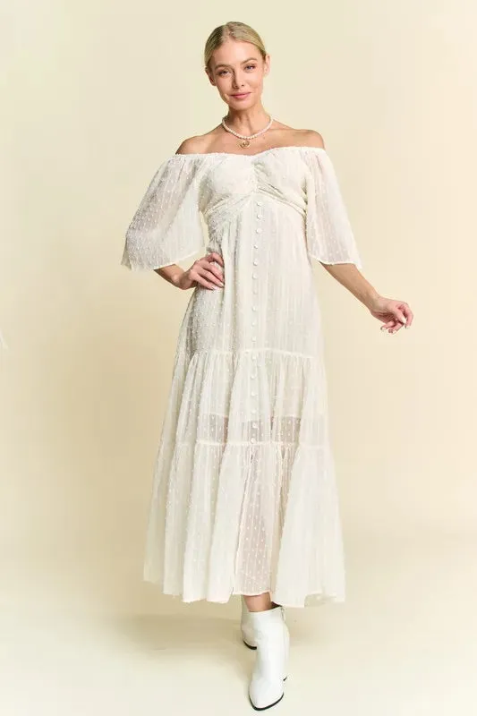 Davi & Dani Swiss Dotted Ruched Ruffle Open Back Midi Dress sold by Charming Charlie