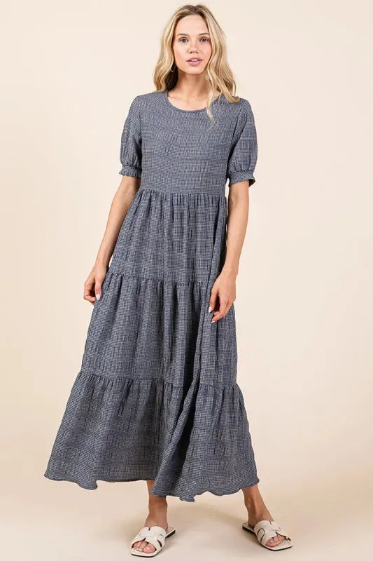 BOMBOM Textured Short Sleeve Tiered Dress sold by Charming Charlie