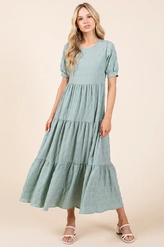 BOMBOM Textured Short Sleeve Tiered Dress sold by Charming Charlie