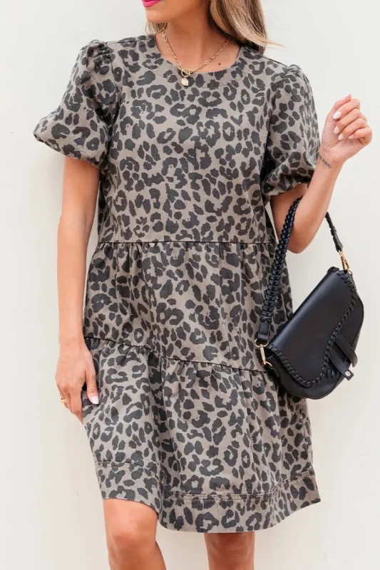 Leopard Round Neck Puff Sleeve Denim Dress sold by Charming Charlie