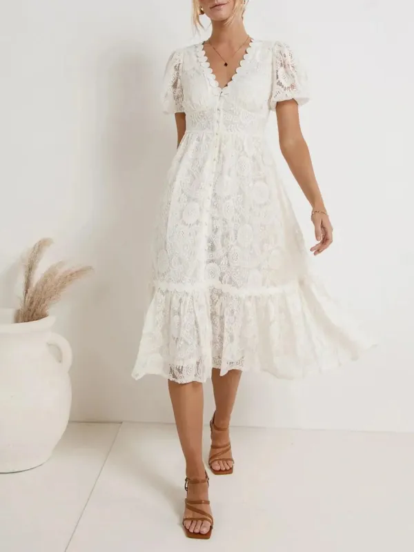 Lace V-Neck Short Sleeve Dress sold by Charming Charlie