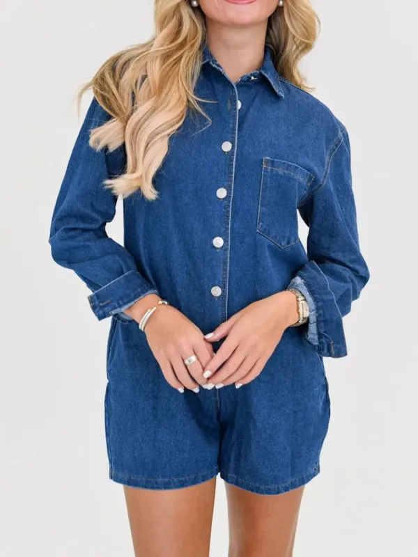 Button Front Long Sleeve Denim Romper sold by Charming Charlie