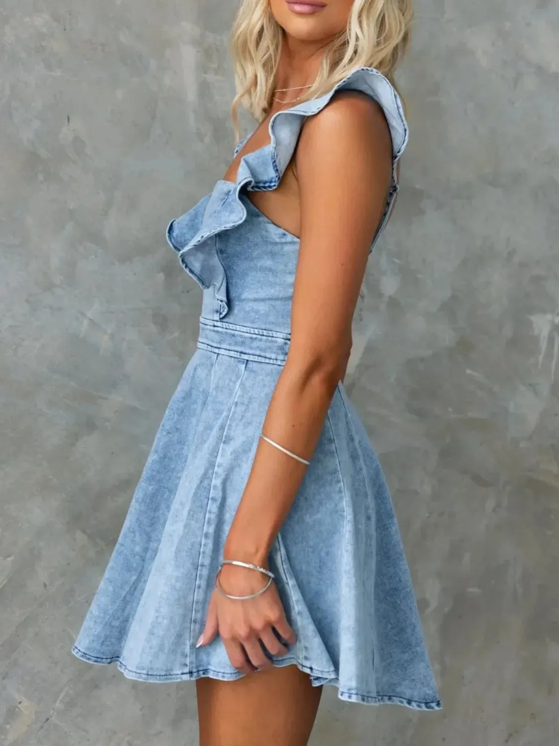 Ruffled Square Neck Denim Mini Dress sold by Charming Charlie product image thumbnail 4