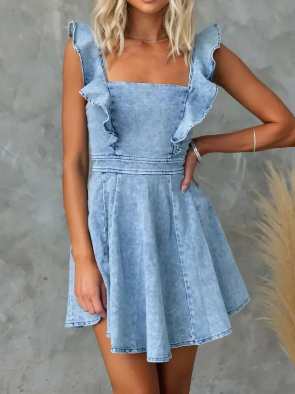 Ruffled Square Neck Denim Mini Dress sold by Charming Charlie
