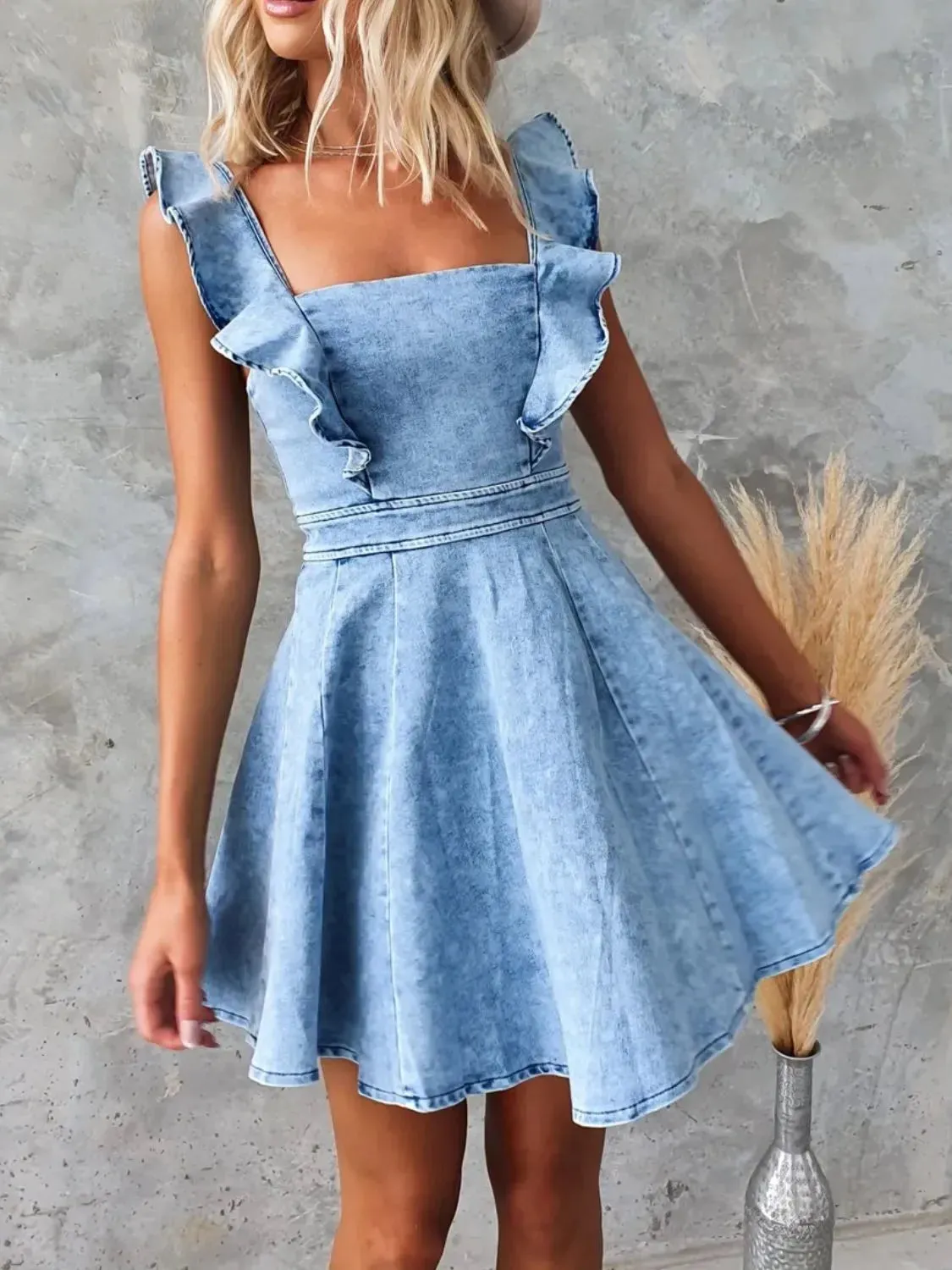 Ruffled Square Neck Denim Mini Dress sold by Charming Charlie product image thumbnail 2