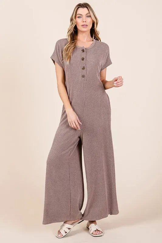 BOMBOM Rib Knit Jumpsuit with Button Detail sold by Charming Charlie