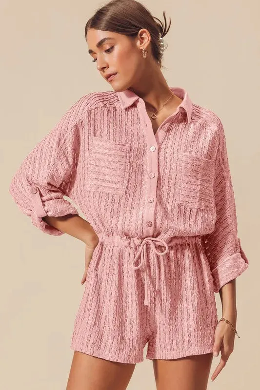 SO ME Textured Knit Button Front Romper sold by Charming Charlie
