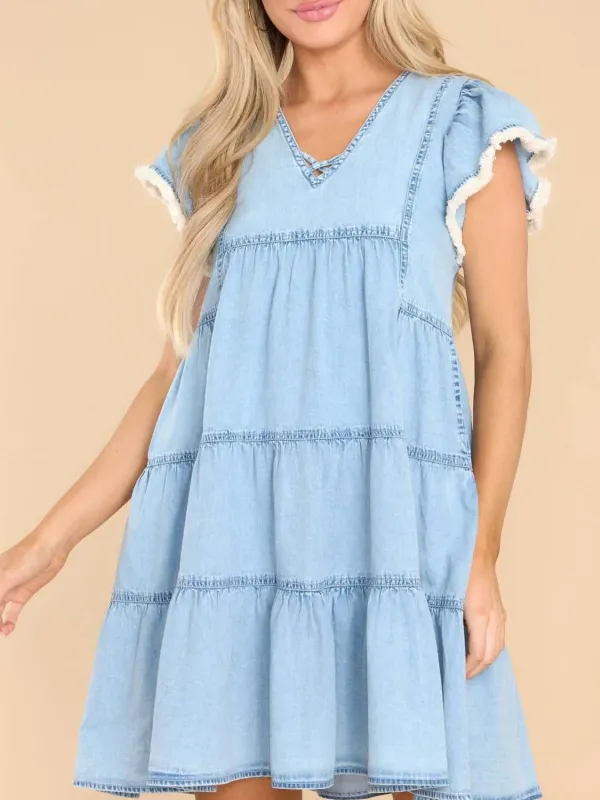Ruffled Raw Hem Cap Sleeve V-Neck Denim Dress sold by Charming Charlie