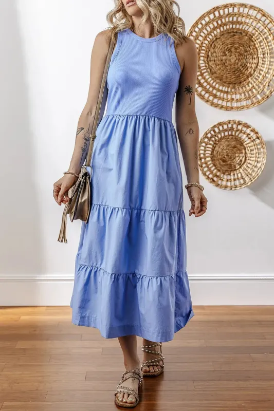 Ribbed Vest Patchwork Tiered Midi Dress with Pockets sold by Charming Charlie