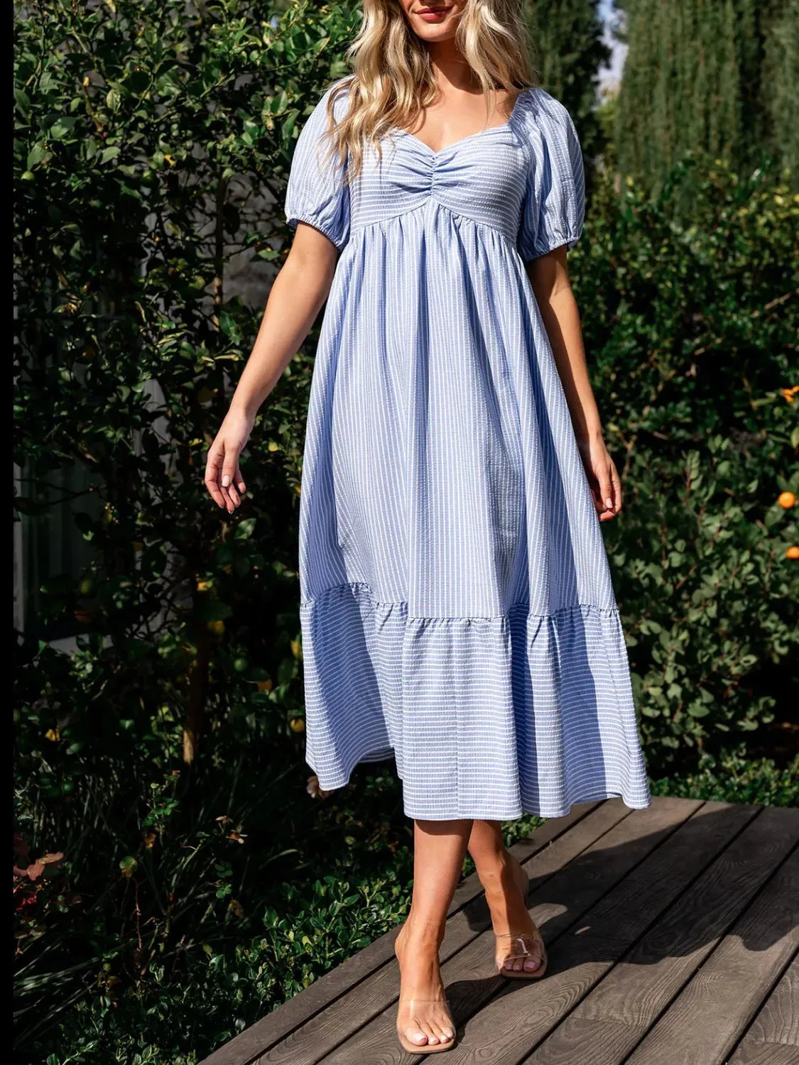 Striped Sweetheart Neck Puff Sleeve Midi Dress sold by Charming Charlie