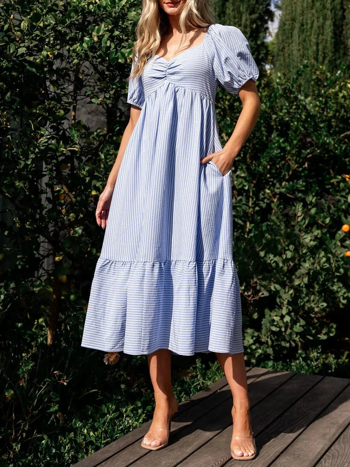 Striped Sweetheart Neck Puff Sleeve Midi Dress sold by Charming Charlie product image thumbnail 2