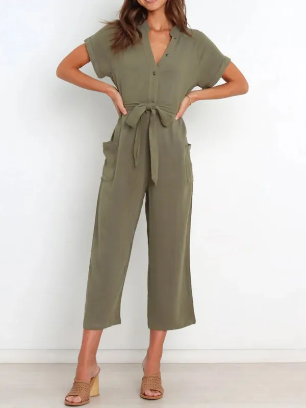 Notched Short Sleeve Tie Waist Jumpsuit sold by Charming Charlie