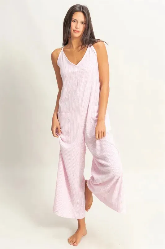 HYFVE Striped V-Neck Sleeveless Jumpsuit sold by Charming Charlie