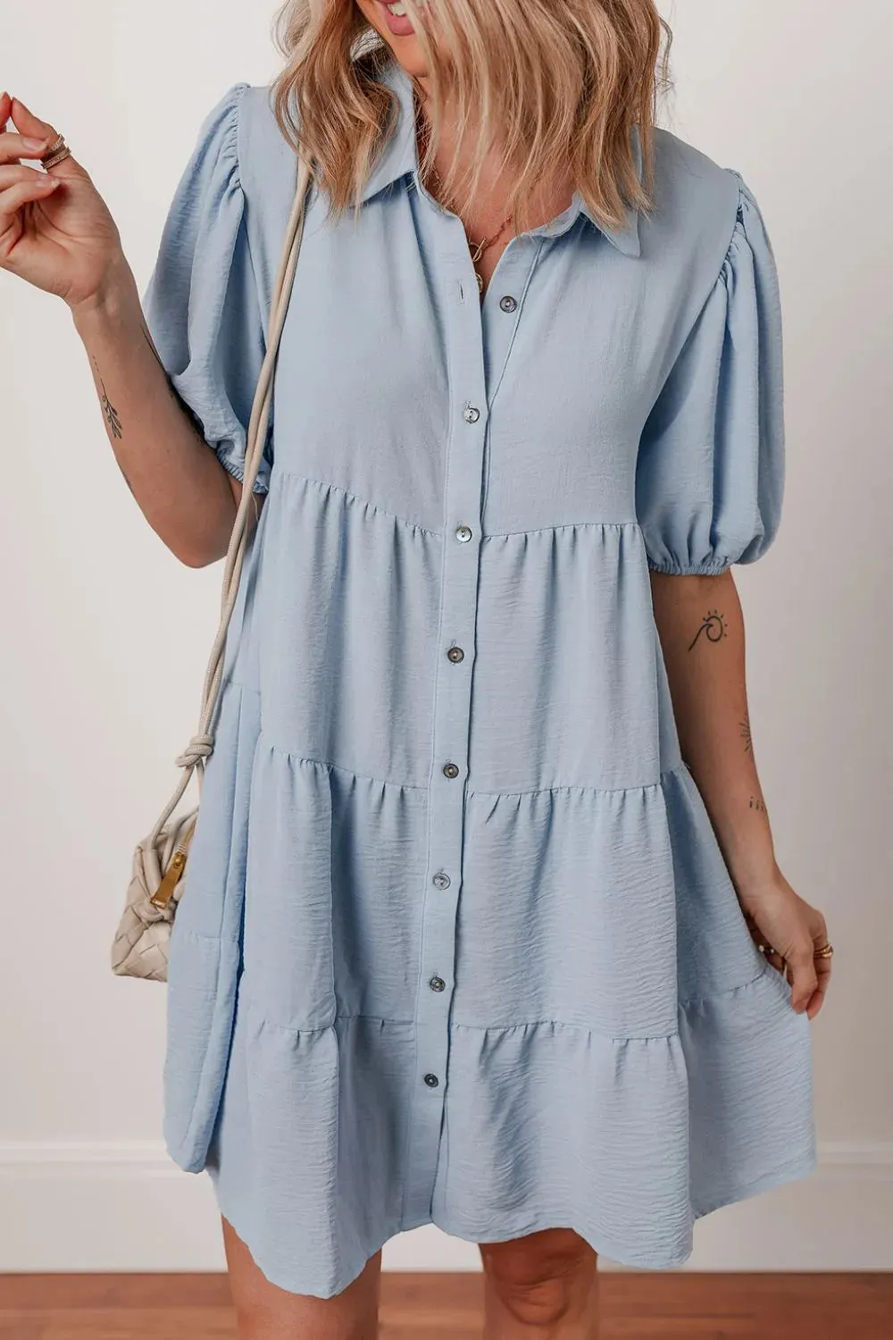 Button Up Puff Sleeve Tiered Shirt Dress sold by Charming Charlie product image thumbnail 3