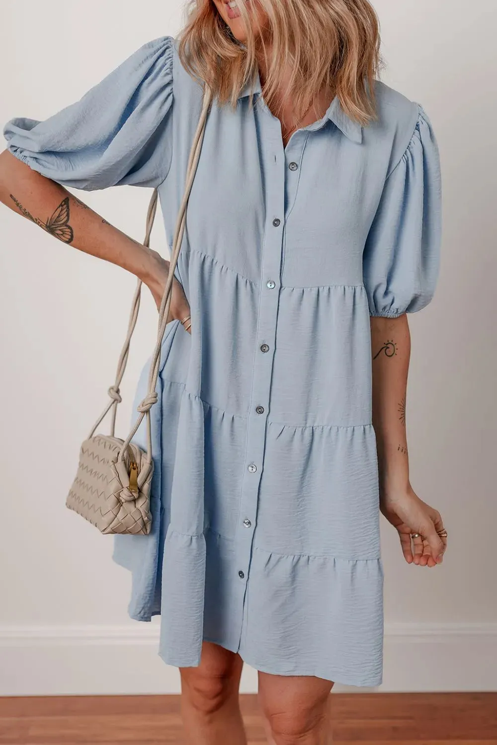 Button Up Puff Sleeve Tiered Shirt Dress sold by Charming Charlie product image thumbnail 4
