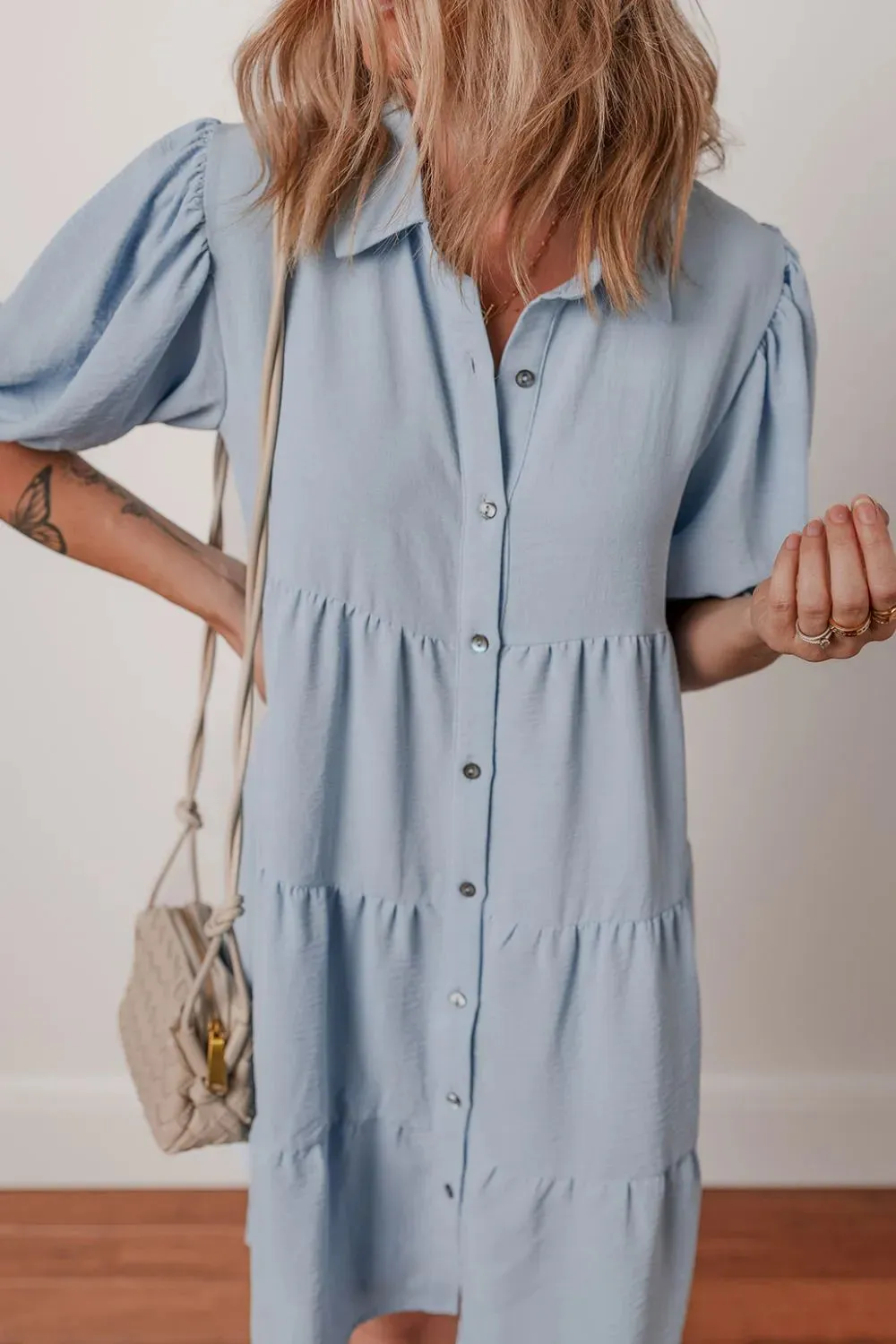 Button Up Puff Sleeve Tiered Shirt Dress sold by Charming Charlie product image thumbnail 5