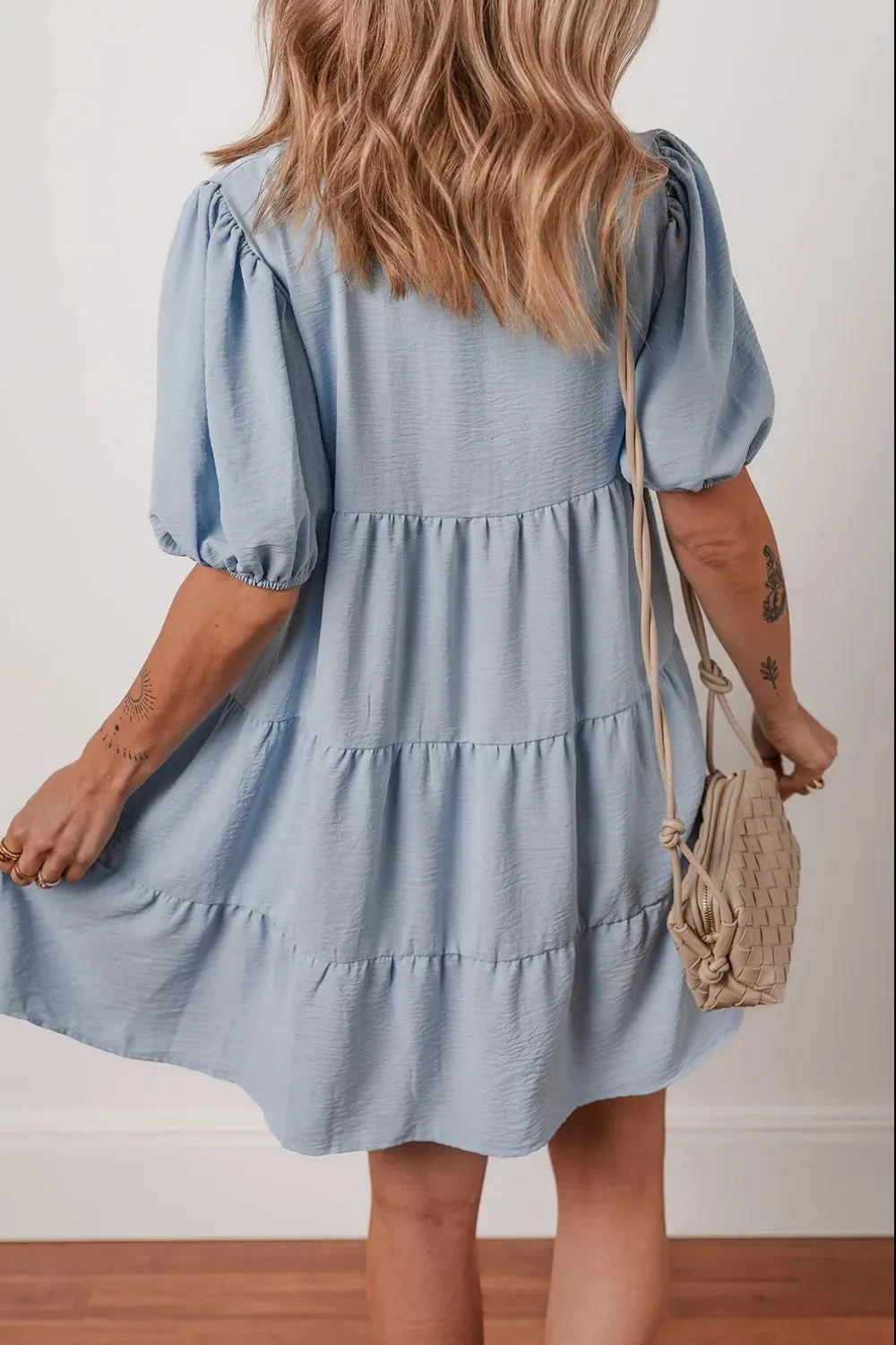 Button Up Puff Sleeve Tiered Shirt Dress sold by Charming Charlie product image thumbnail 2