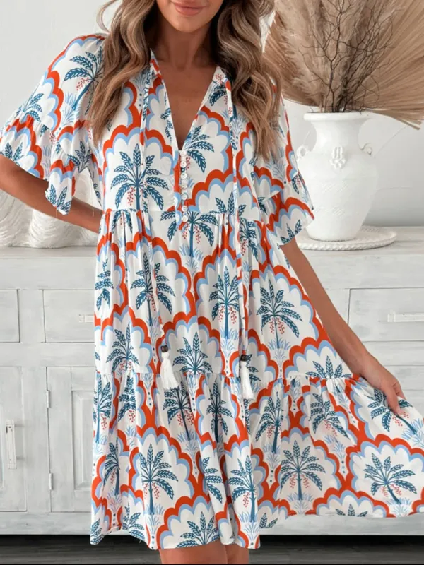 Tassel Printed Tie Neck Half Sleeve Mini Dress sold by Charming Charlie