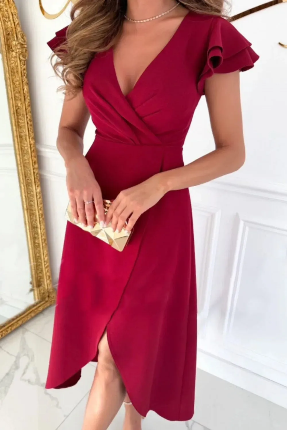 Surplice Ruffled Cap Sleeve Zip Back Dress sold by Charming Charlie