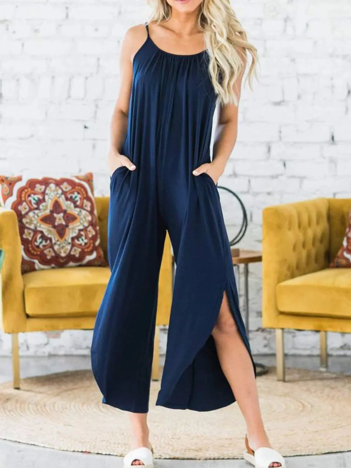 Slit Spaghetti Strap Jumpsuit with Pockets sold by Charming Charlie