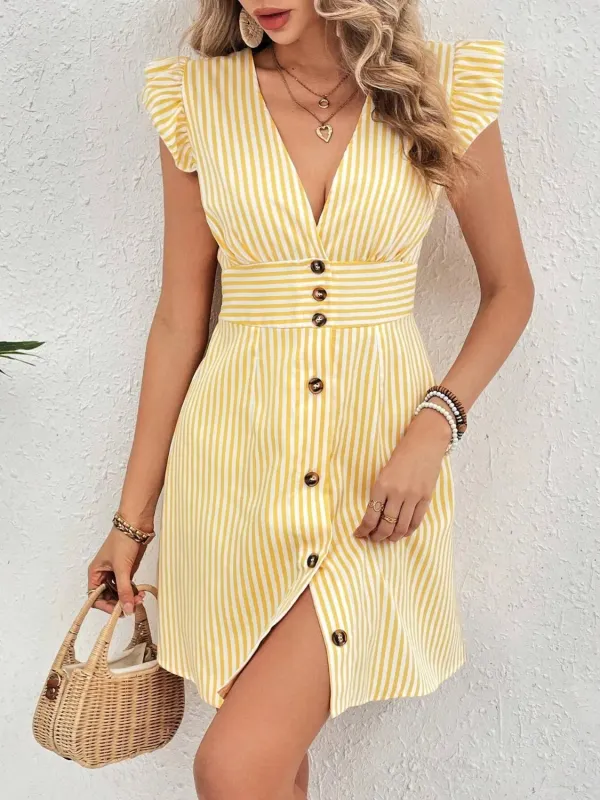 Striped Button Front Cap Sleeve Dress sold by Charming Charlie