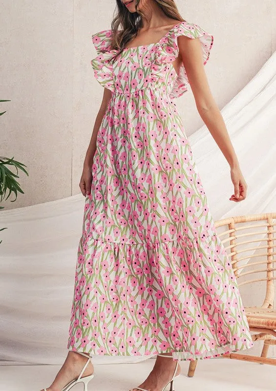 Pink Floral Square Neck Ruffled Strap Maxi Dress sold by Charming Charlie