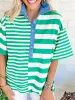 Green Stripe Color Collar Half Buttons T Shirt Top sold by Charming Charlie