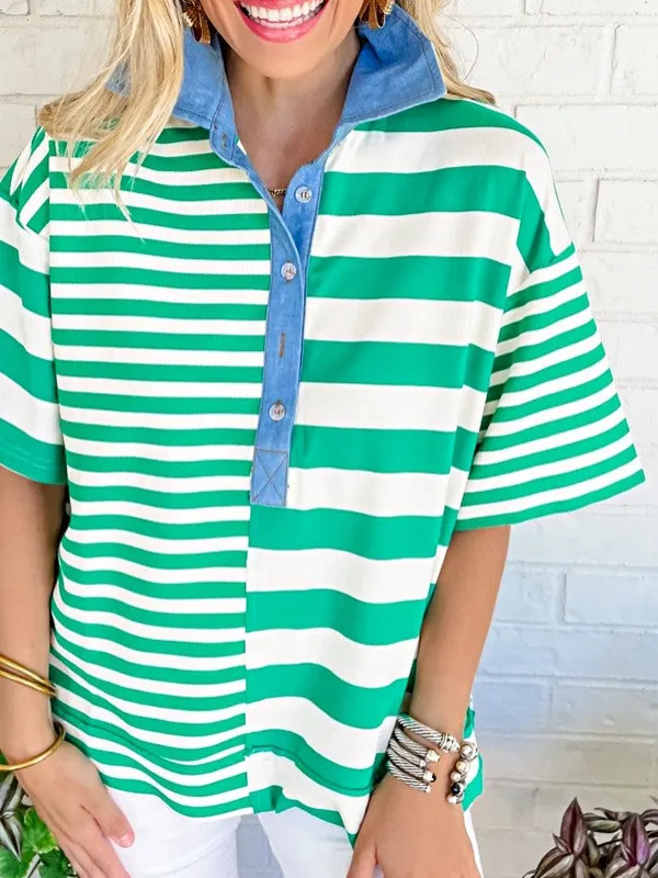 Green Stripe Color Collar Half Buttons T Shirt Top sold by Charming Charlie