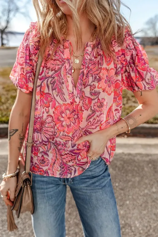 Floral Print Ruffled Puff Short Sleeve Blouse sold by Charming Charlie