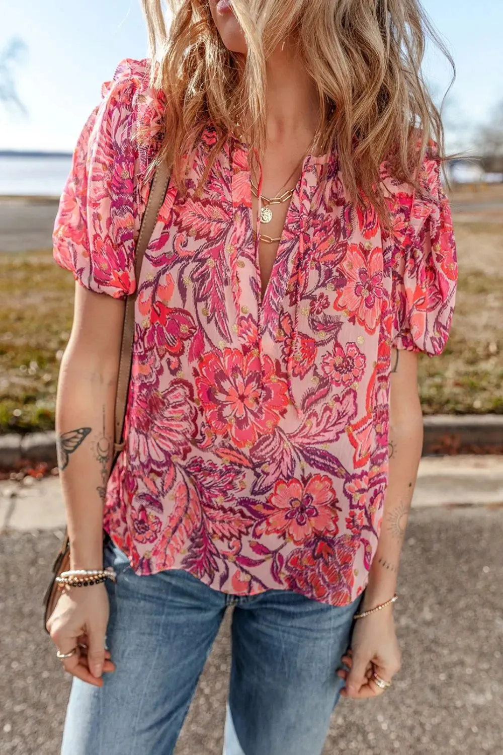 Floral Print Ruffled Puff Short Sleeve Blouse sold by Charming Charlie product image thumbnail 5