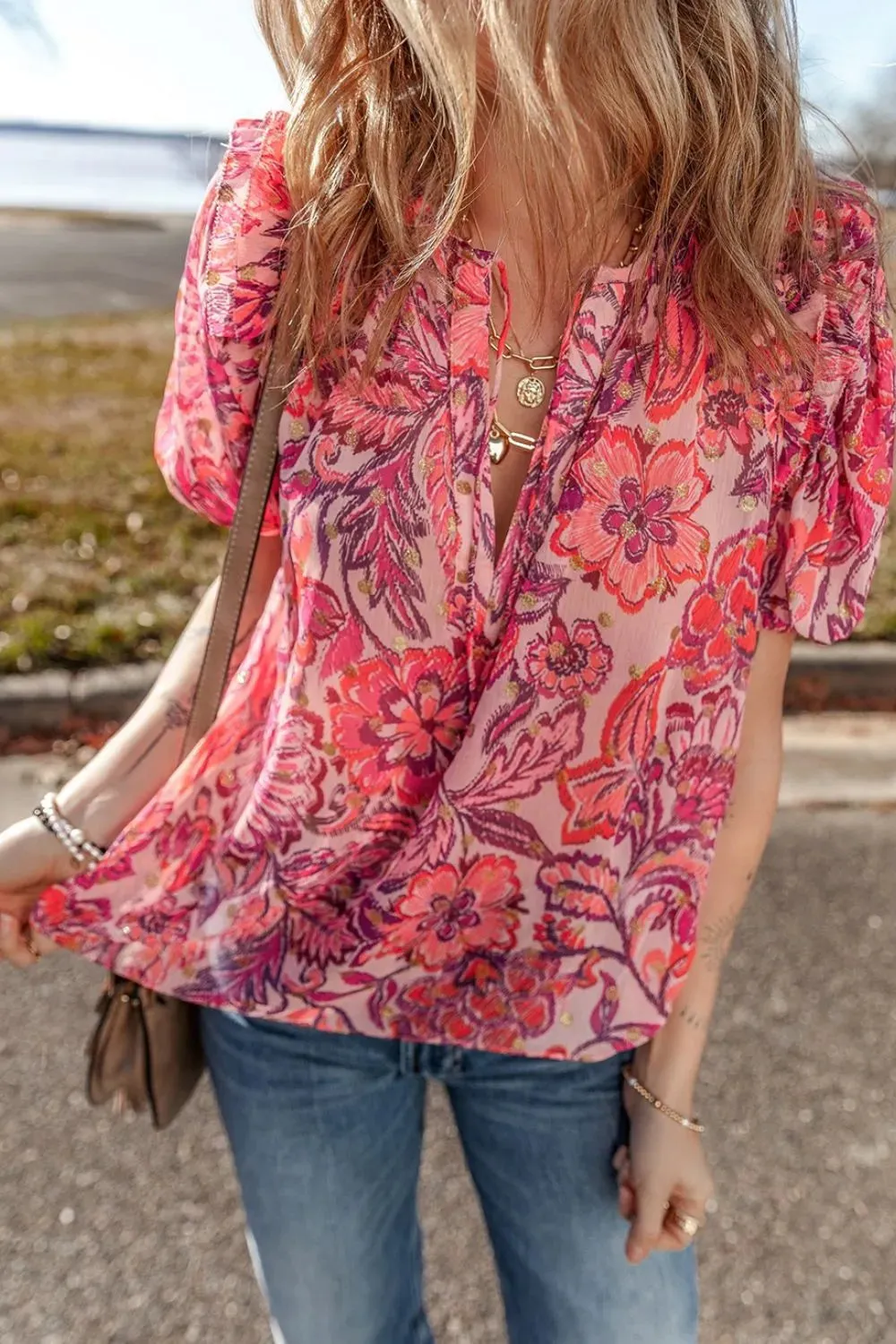 Floral Print Ruffled Puff Short Sleeve Blouse sold by Charming Charlie product image thumbnail 3