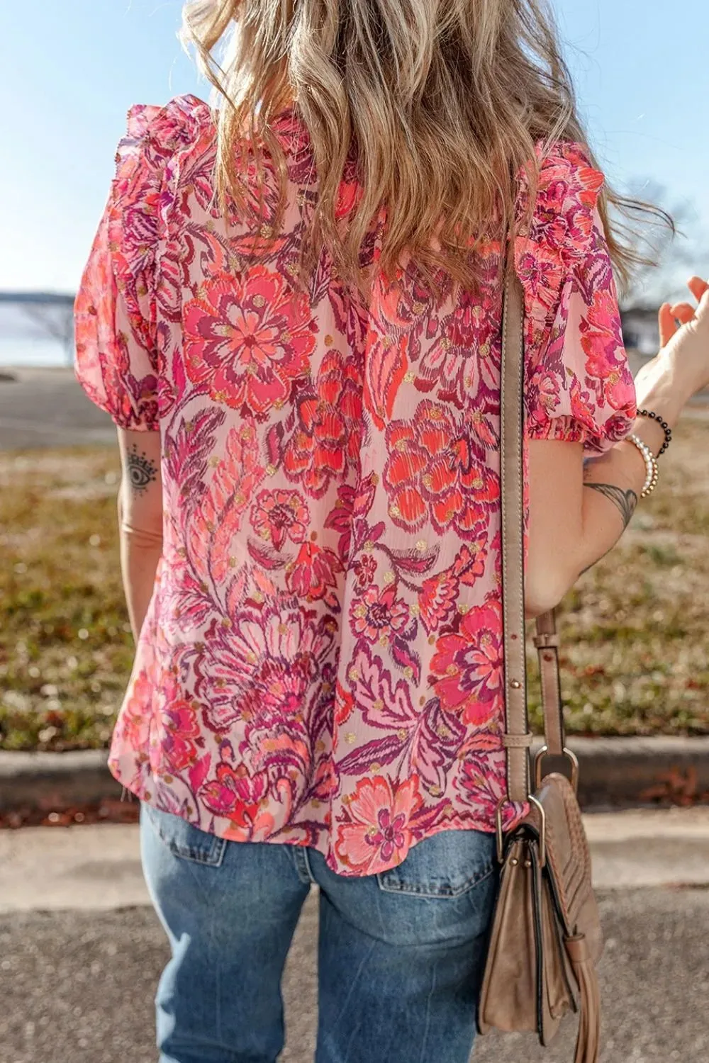 Floral Print Ruffled Puff Short Sleeve Blouse sold by Charming Charlie product image thumbnail 2