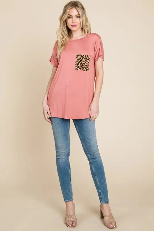 BOMBOM Leopard Chest Pocket Tee sold by Charming Charlie