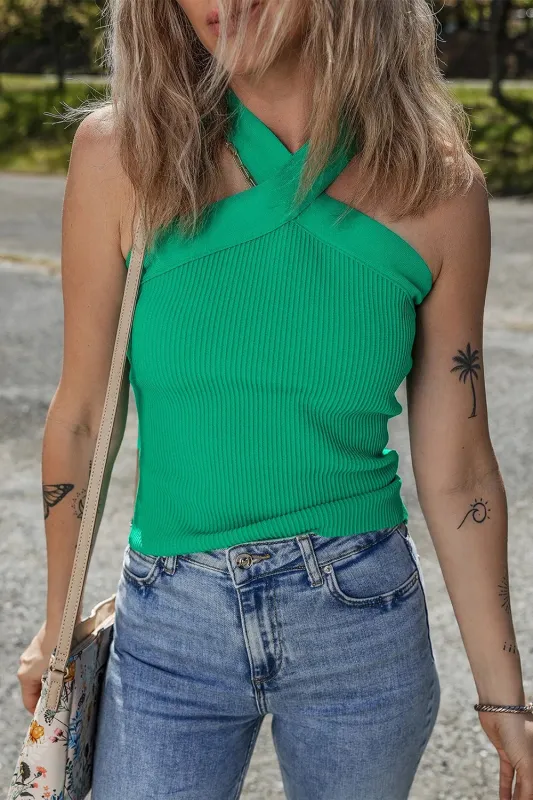 Ribbed Criss Cross Halter Neck Sheath Sweater Tank Top sold by Charming Charlie