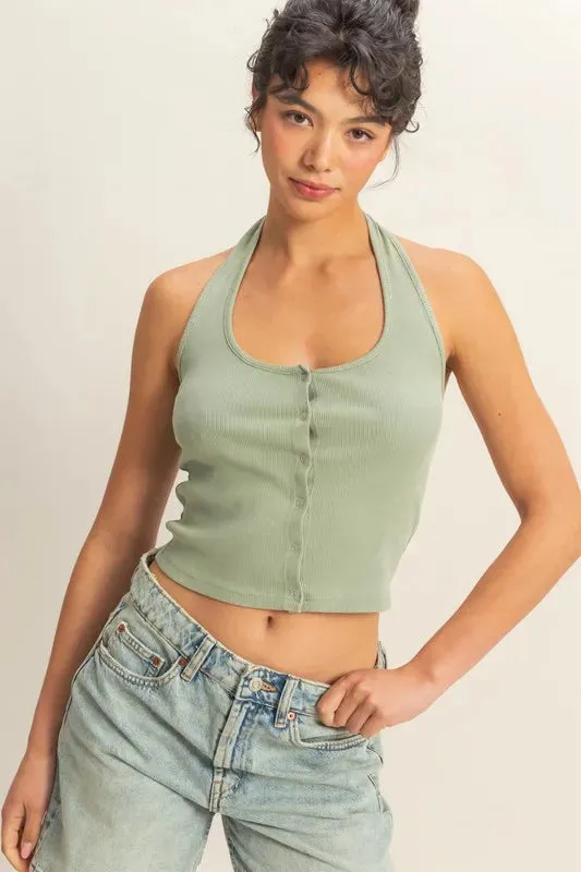 HYFVE Halter Neck Buttoned Washed Top sold by Charming Charlie