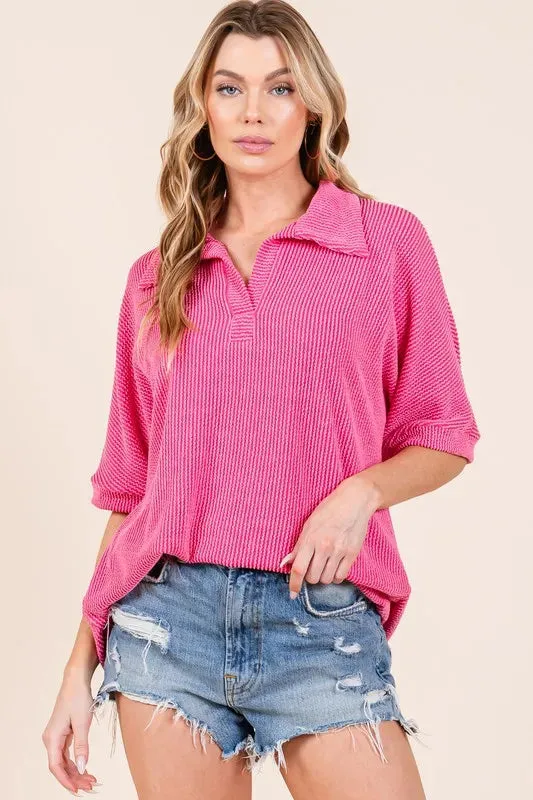 BOMBOM Ribbed Collared Neck Top sold by Charming Charlie